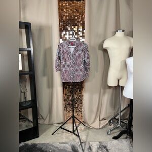 212 Collection White Red Black Lace Print 3/4 Sleeve Button Down Large Petite